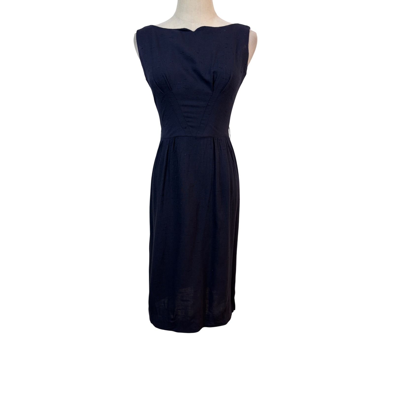 Vintage Kay Juniors Navy Blue Silk Slub Sheath Dress Sleeveless Mid Century 50s